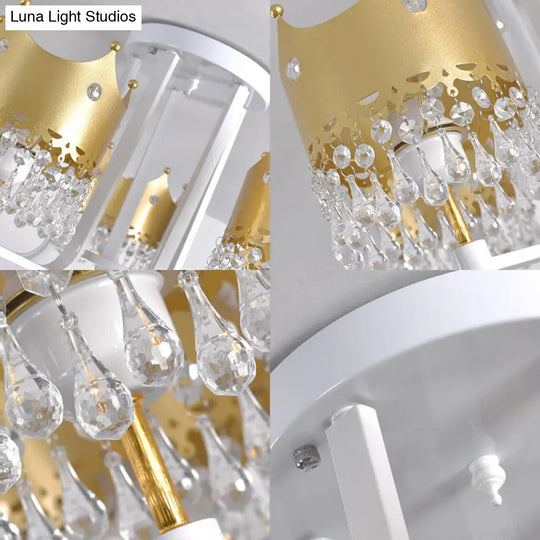 Modern Gold Crown Chandelier With Waterdrop Crystal Accents - 5 Lights