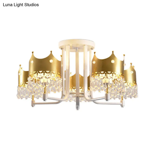 Modern Crown Shape Chandelier Light - Waterdrop Crystal 5 Lights Gold Ceiling Fixture