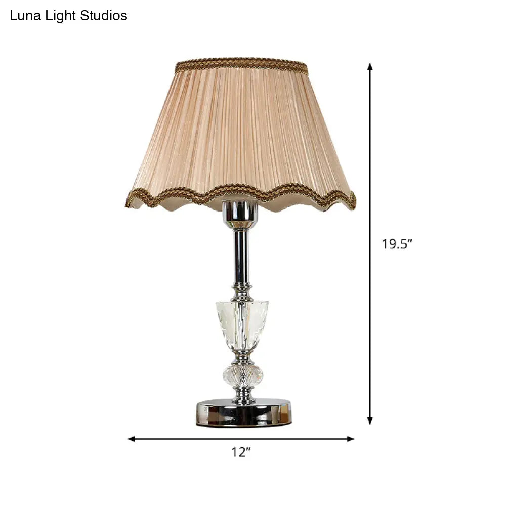 Modern Crystal 1-Light Beige Table Lamp With Gathered Empire Shade