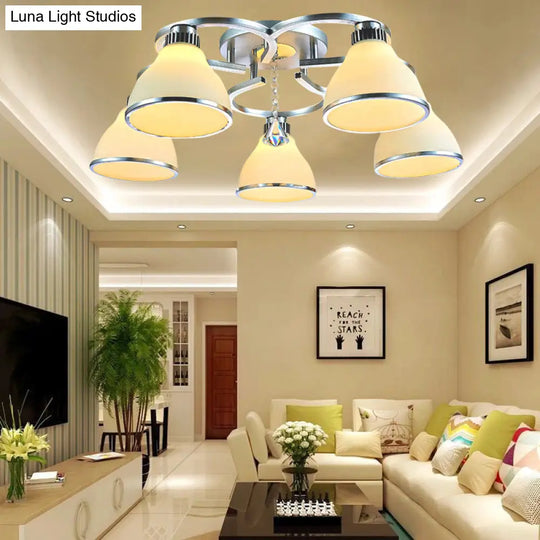 Modern Crystal 5 - Light Cone Semi Flush Ceiling Light In Chrome With Opal Glass Shade For Living