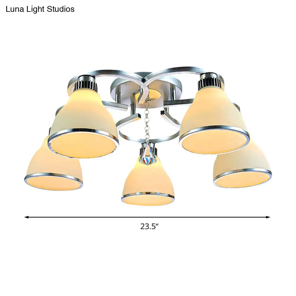 Modern Crystal 5 - Light Cone Semi Flush Ceiling Light In Chrome With Opal Glass Shade For Living