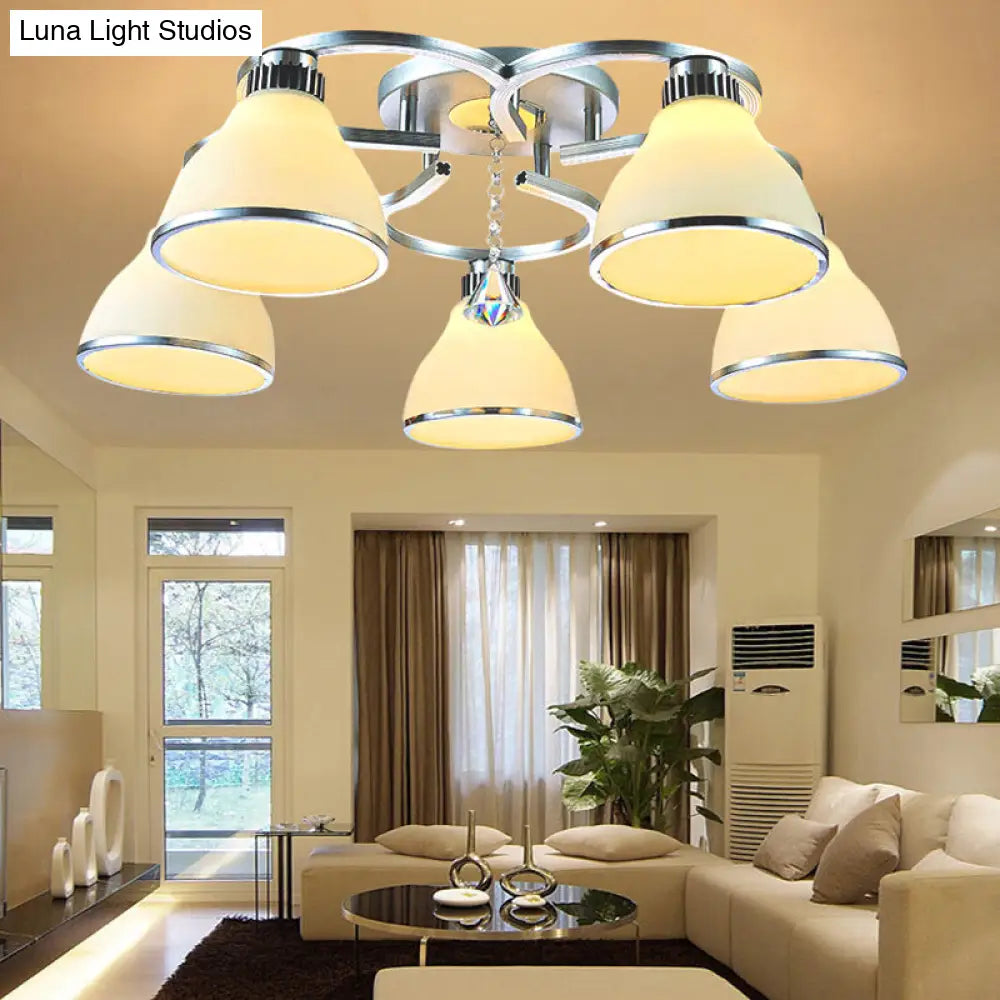 Modern Crystal 5-Light Cone Semi Flush Ceiling Light In Chrome With Opal Glass Shade For Living Room