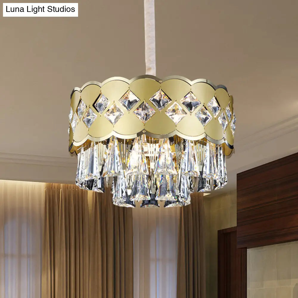 Modern Crystal Block Chandelier With 9 Gold Lights For Bedroom