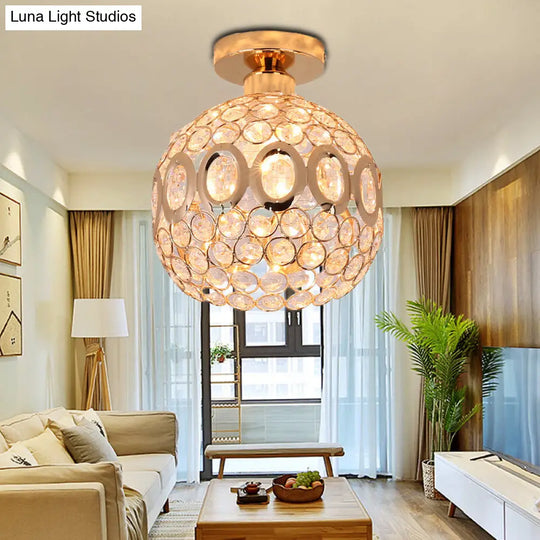 Modern Crystal And Metal Semi Flush Mount Ceiling Light With Gold Dome Shade