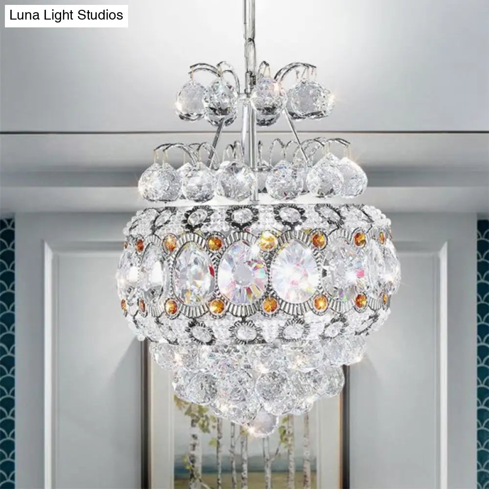 Modern Crystal Ball Chandelier - Silver Pendant Light For Corridor 3 Heads Cascading Design