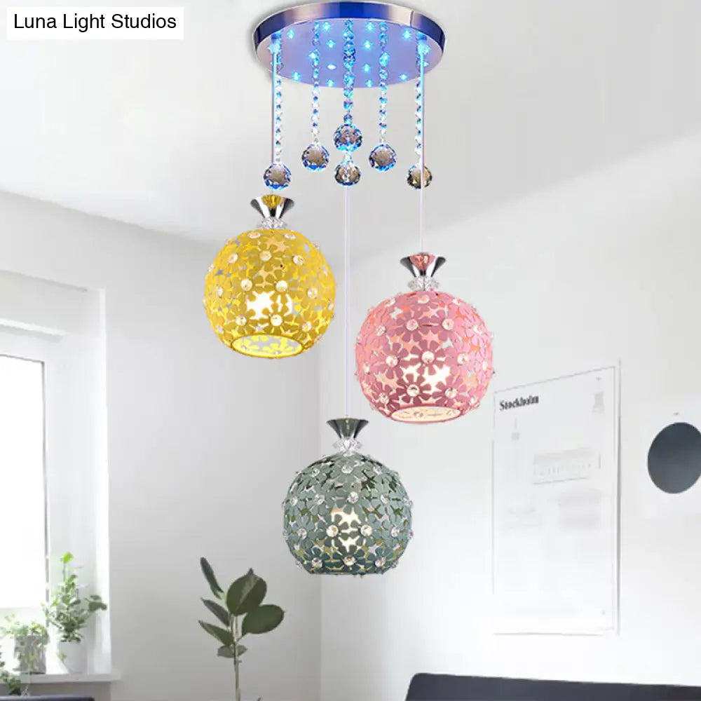 Contemporary Crystal Ball Pendant Light With Chrome Cluster - 3 Bulb Globe Design / Round