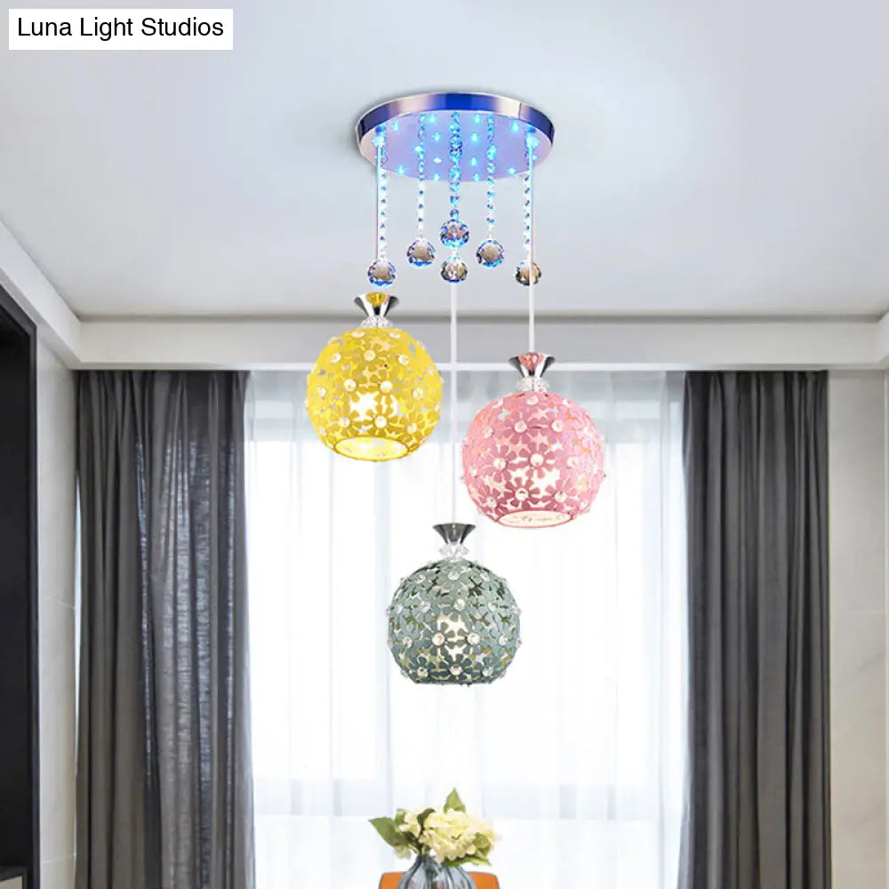 Contemporary Crystal Ball Pendant Light With Chrome Cluster - 3 Bulb Globe Design