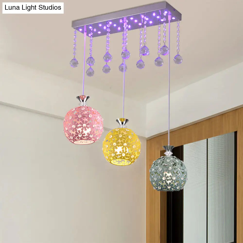 Contemporary Crystal Ball Pendant Light With Chrome Cluster - 3 Bulb Globe Design