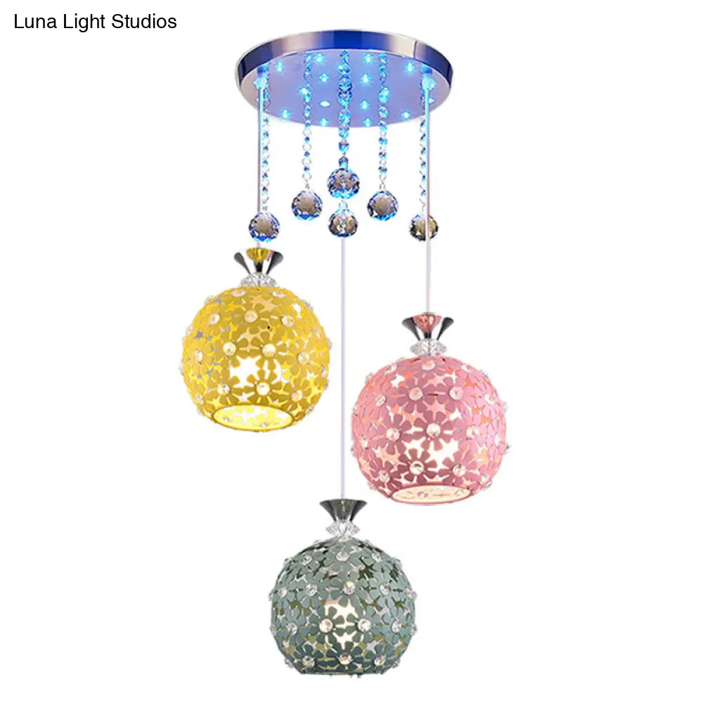 Contemporary Crystal Ball Pendant Light With Chrome Cluster - 3 Bulb Globe Design