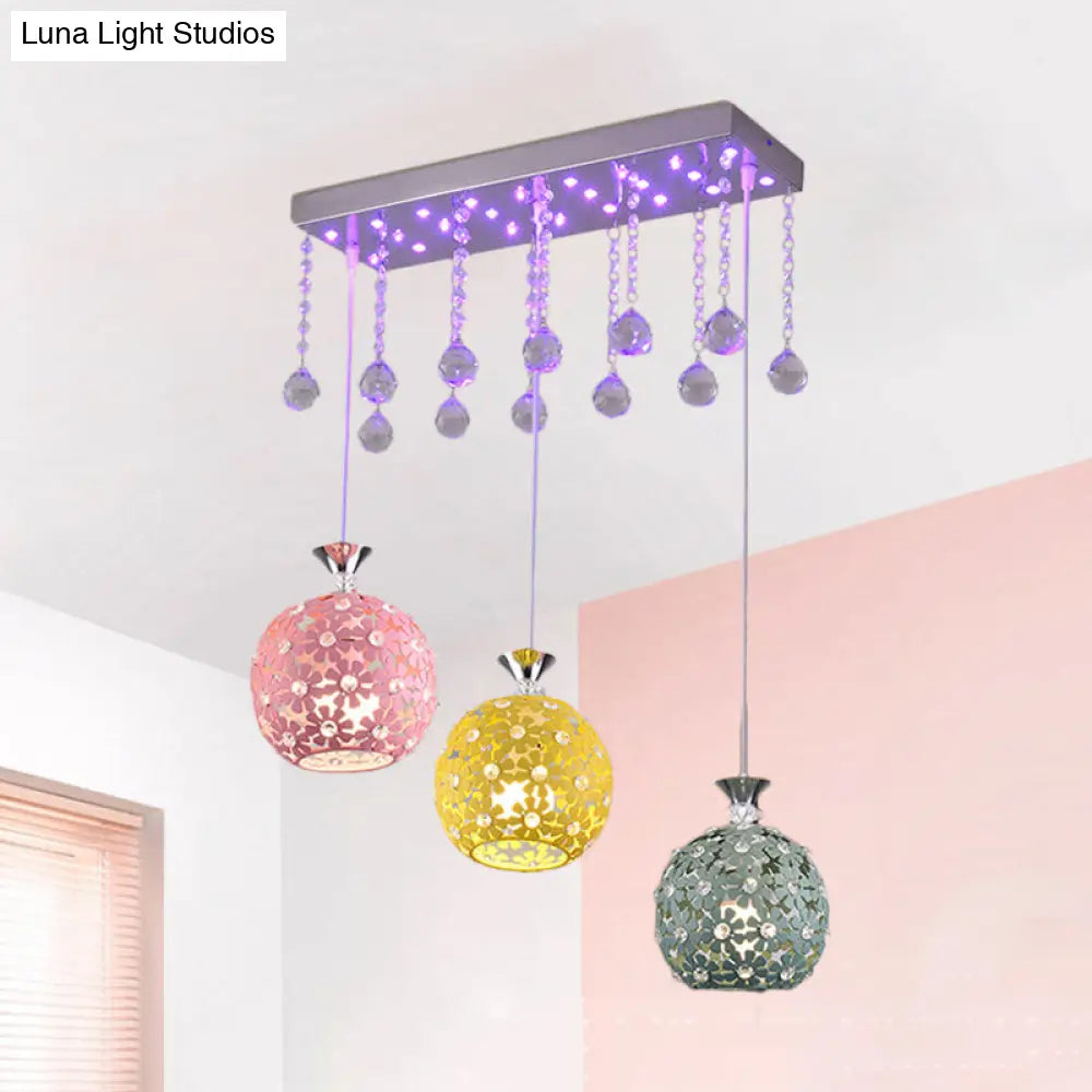 Contemporary Crystal Ball Pendant Light With Chrome Cluster - 3 Bulb Globe Design / Linear