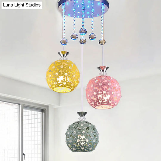 Contemporary Crystal Ball Pendant Light With Chrome Cluster - 3 Bulb Globe Design