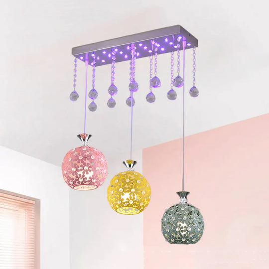 Modern Crystal Ball Chrome Pendant Light With Cluster Design - 3-Bulb Hanging Fixture / Linear