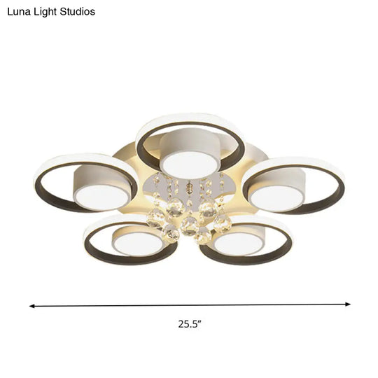 Modern Crystal Ball Circle Ceiling Lamp - 3/5 Lights Flush Mount For Bedroom In Black & White