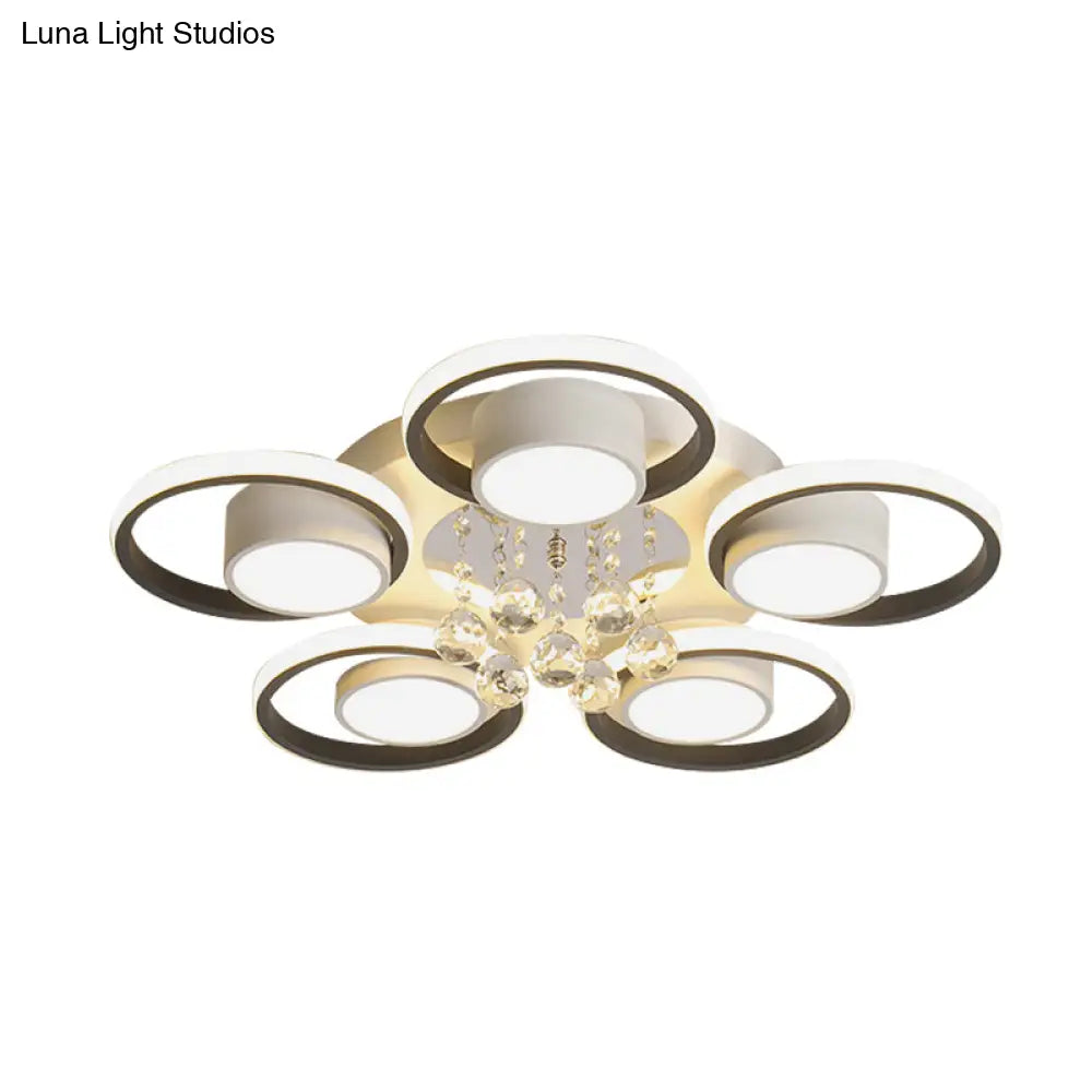 Modern Crystal Ball Circle Ceiling Lamp - 3/5 Lights Flush Mount For Bedroom In Black & White