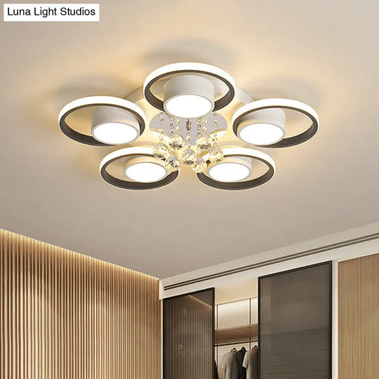 Modern Crystal Ball Circle Ceiling Lamp - 3/5 Lights Flush Mount For Bedroom In Black & White 5 /