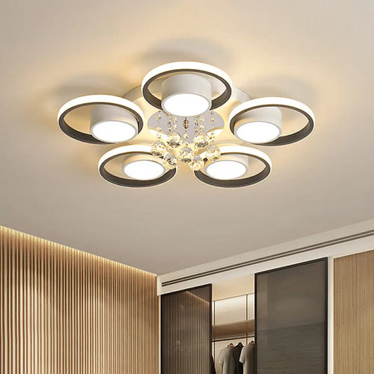 Modern Crystal Ball Circle Ceiling Lamp - 3/5 Lights Flush Mount For Bedroom In Black & White 5 /