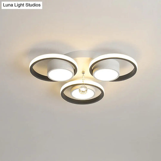 Modern Crystal Ball Circle Ceiling Lamp - 3/5 Lights Flush Mount For Bedroom In Black & White