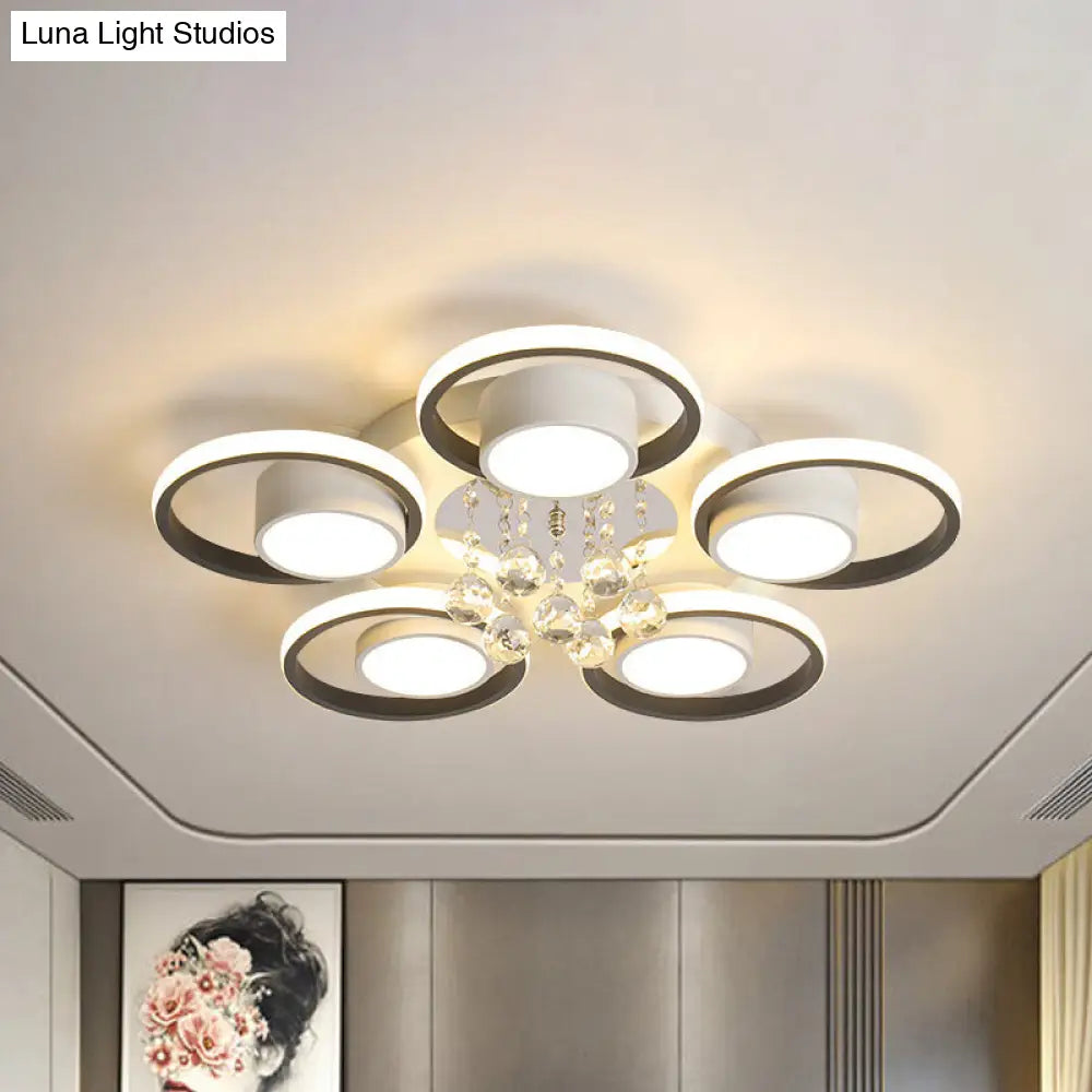 Modern Crystal Ball Circle Ceiling Lamp - 3/5 Lights Flush Mount For Bedroom In Black & White