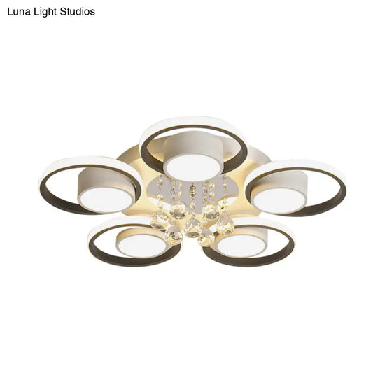 Modern Crystal Ball Circle Ceiling Lamp - 3/5 Lights Flush Mount For Bedroom In Black & White