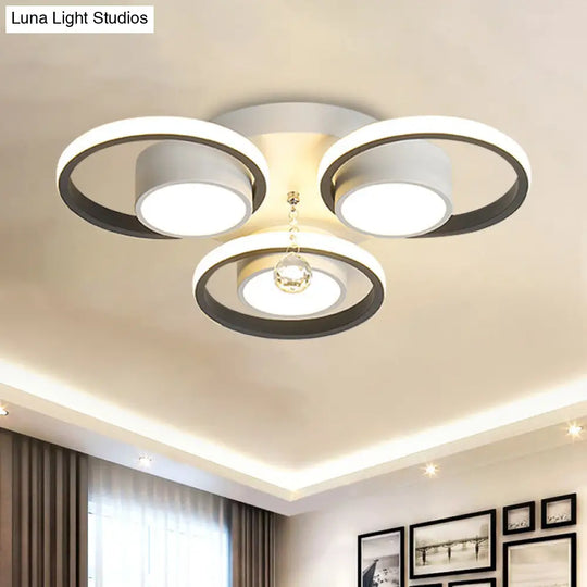 Modern Crystal Ball Circle Ceiling Lamp - 3/5 Lights Flush Mount For Bedroom In Black & White 3 /
