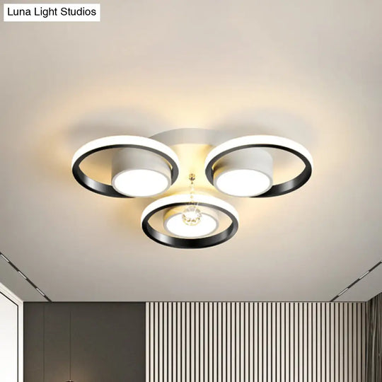 Modern Crystal Ball Circle Ceiling Lamp - 3/5 Lights Flush Mount For Bedroom In Black & White