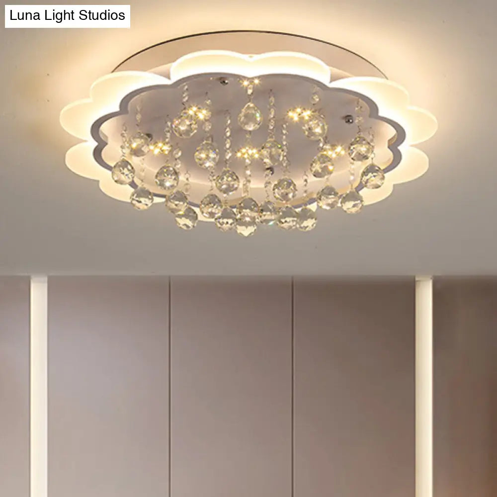 Modern Crystal Ball Flush Mount Light - White Flower Design 22’/25.5’/31.5’ Wide Led Ceiling