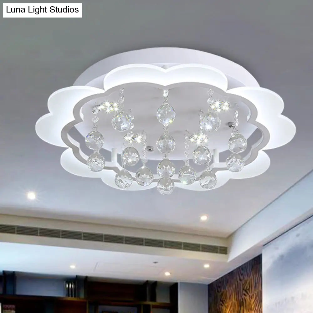 Modern Crystal Ball Flush Mount Light - White Flower Design 22’/25.5’/31.5’ Wide Led Ceiling