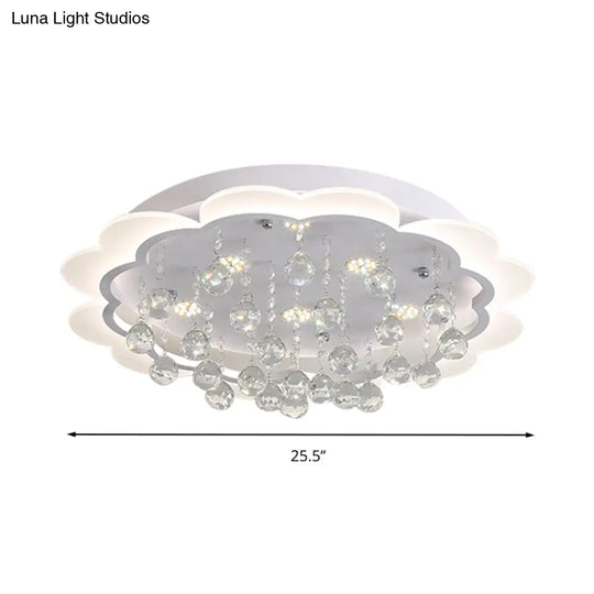 Modern Crystal Ball Flush Mount Light - White Flower Design 22’/25.5’/31.5’ Wide Led Ceiling