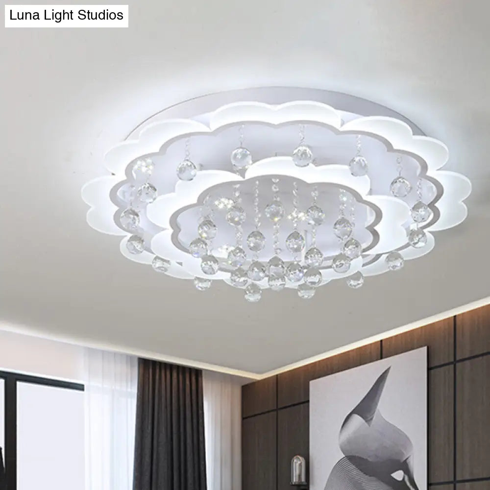 Modern Crystal Ball Flush Mount Light - White Flower Design 22’/25.5’/31.5’ Wide Led Ceiling