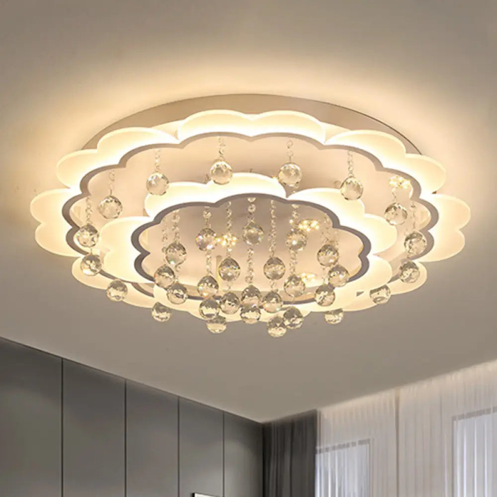 Modern Crystal Ball Flush Mount Light - White Flower Design 22’/25.5’/31.5’ Wide Led Ceiling