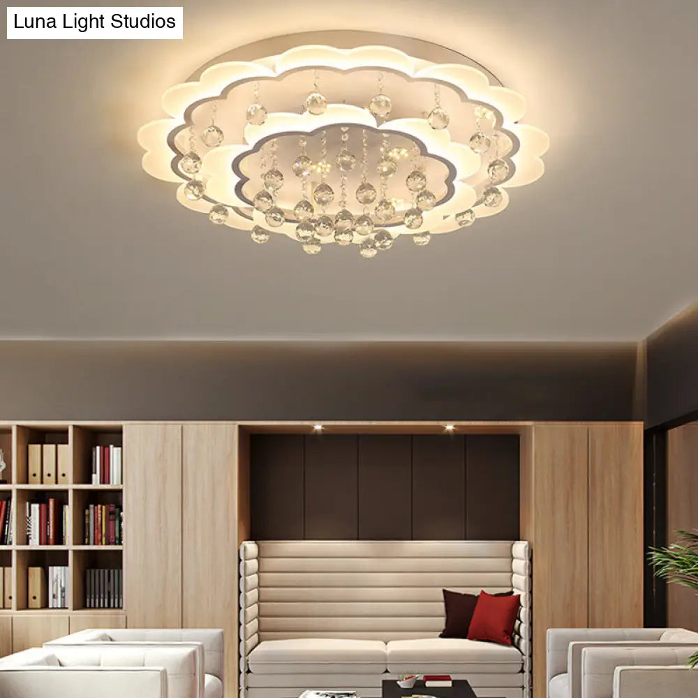 Modern Crystal Ball Flush Mount Light - White Flower Design 22/25.5/31.5 Wide Led Ceiling With