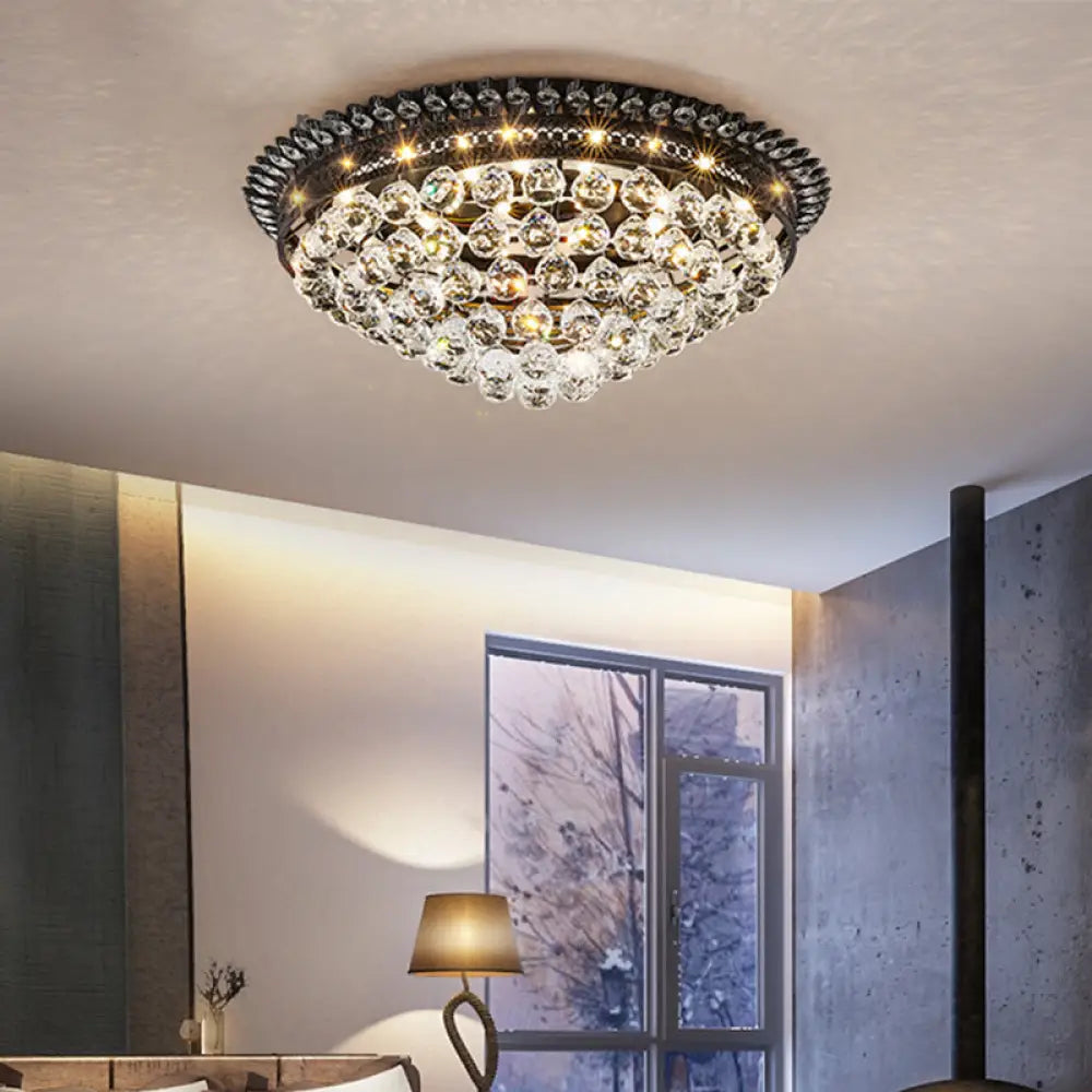 Modern Crystal Ball Led Flush Mount Lamp For Bedroom Ceiling - Black Dome Design