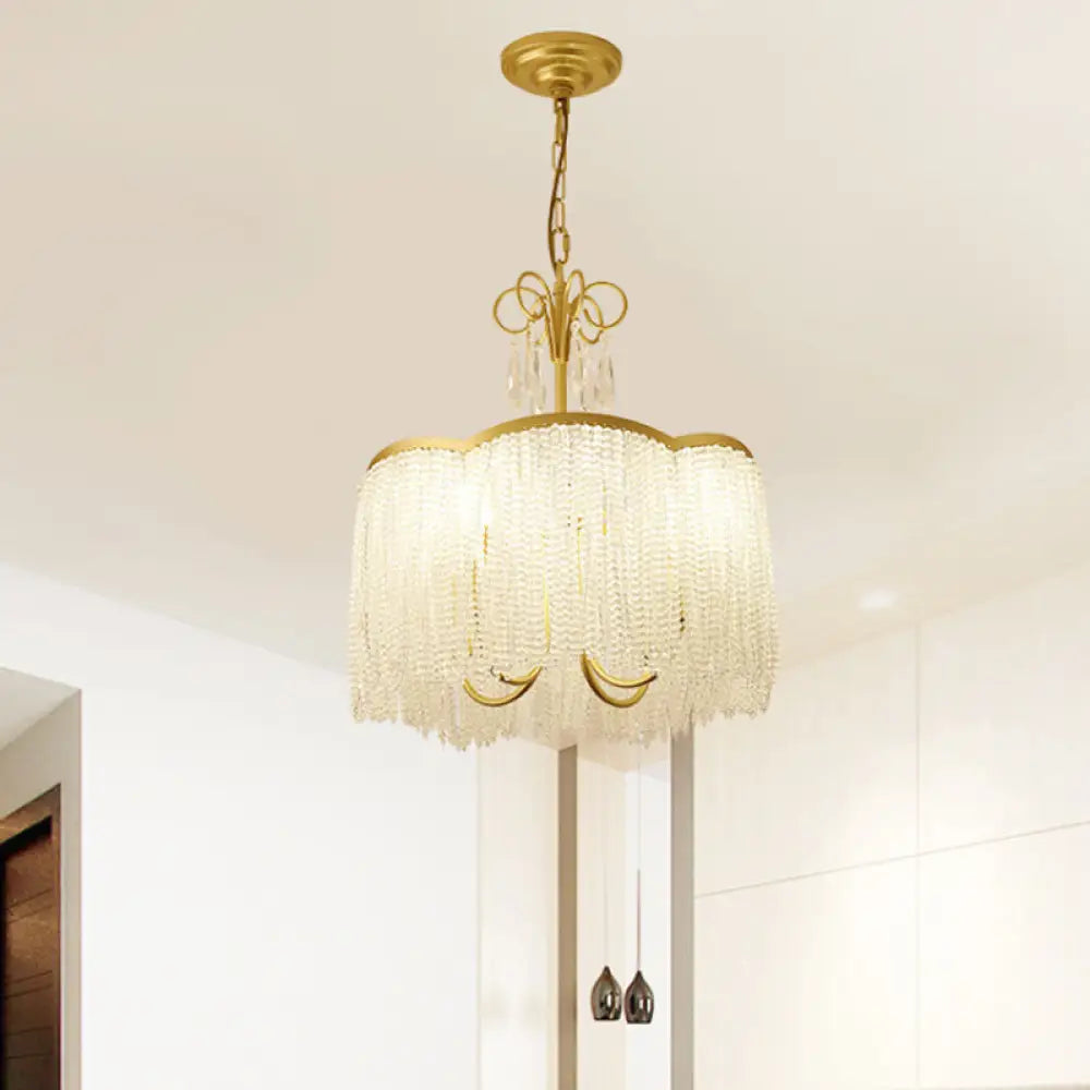 Modern Crystal Beaded Pendant Chandelier With Tassel Fringe - 3-Head Gold Hanging Light Fixture