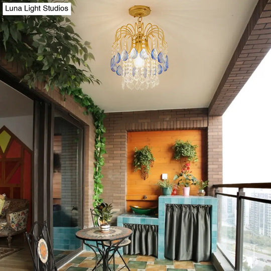 Modern Gold Crystal Beaded Pendant Light 1 Bulb Suspension For Balcony