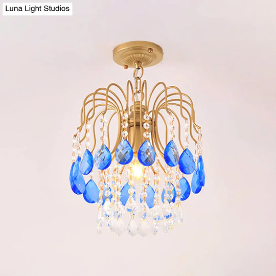 Modern Crystal Beaded Pendant Light With Gold Strand - Ideal Balcony Hanging Lighting