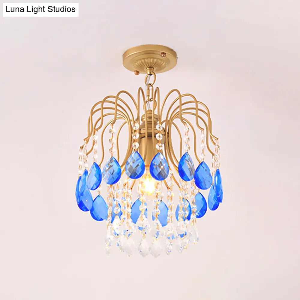 Modern Gold Crystal Beaded Pendant Light 1 Bulb Suspension For Balcony