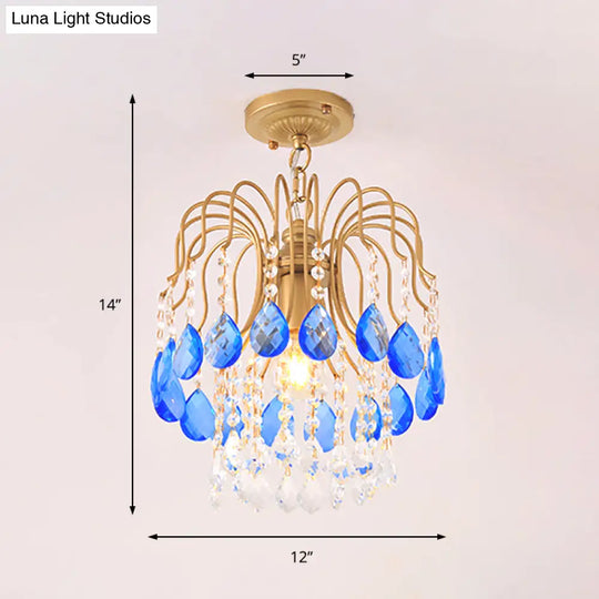 Modern Crystal Beaded Pendant Light With Gold Strand - Ideal Balcony Hanging Lighting