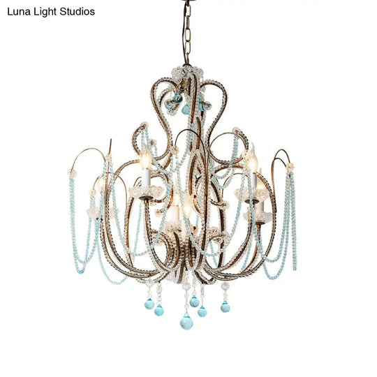 Modern Crystal Beads Hanging Chandelier - 6 Bulbs Suspension Light For Living Room In Rust