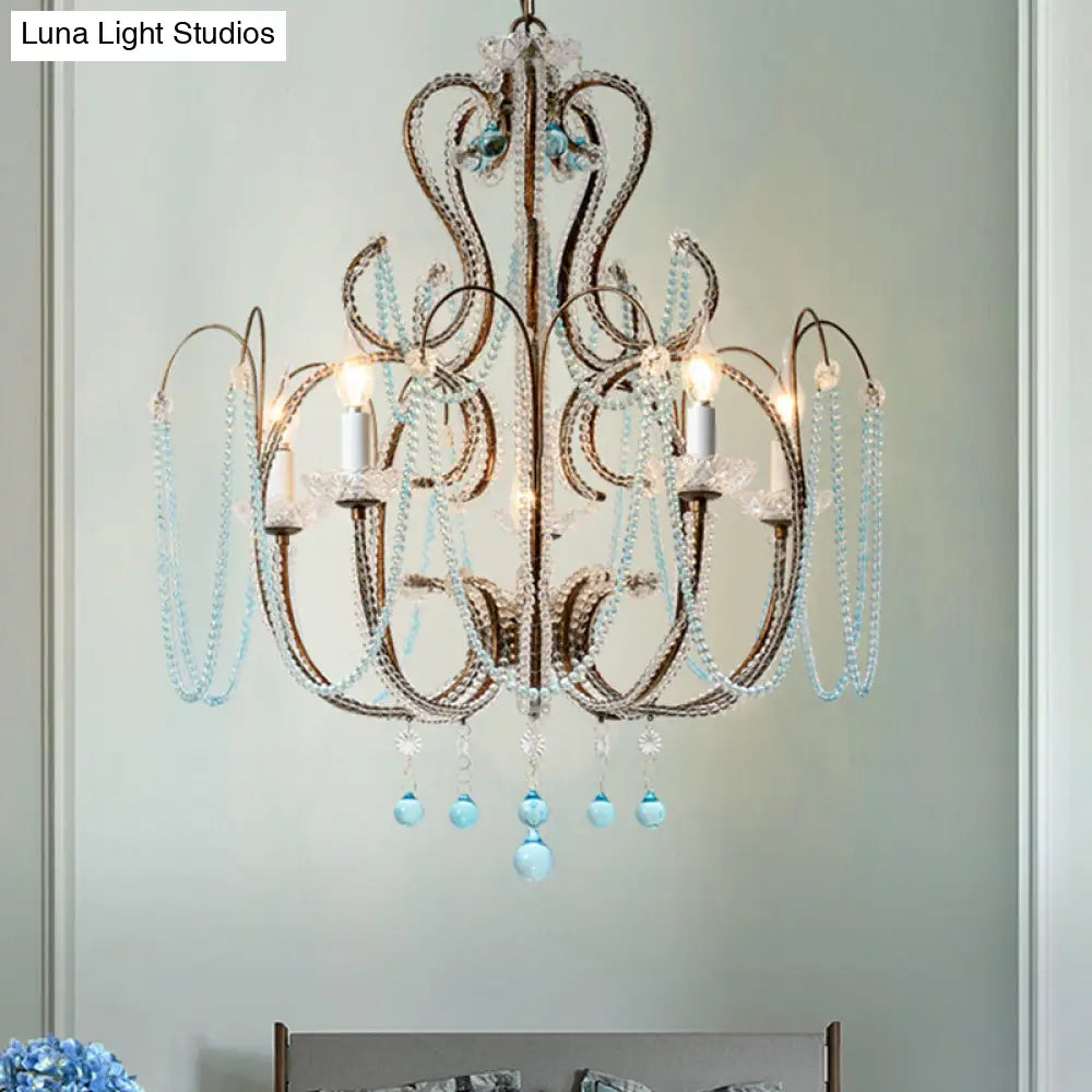 Modern Crystal Beads Hanging Chandelier - 6 Bulbs Suspension Light For Living Room In Rust