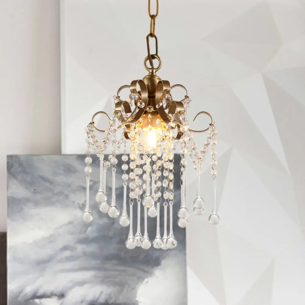 Modern Crystal Beads Pendant Ceiling Lamp - Gold Curved Design 1 Bulb Suspension For Bedchamber