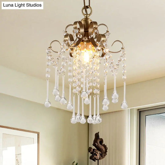 Modern Gold Curved Pendant Light With Crystal Beads - Bedchamber Ceiling Suspension Lamp