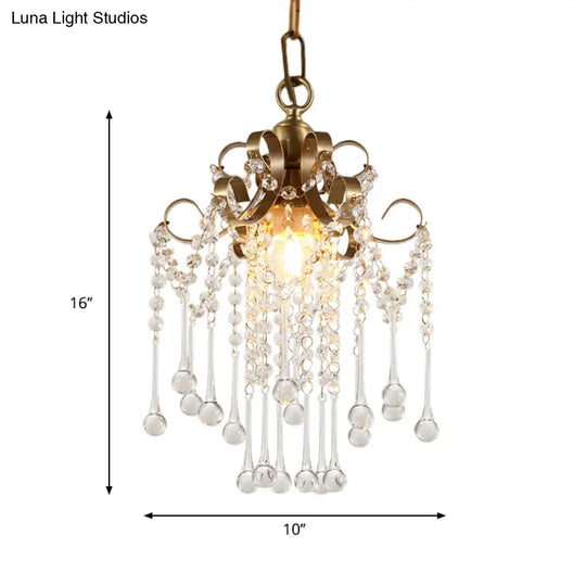 Modern Crystal Beads Pendant Ceiling Lamp - Gold Curved Design 1 Bulb Suspension For Bedchamber