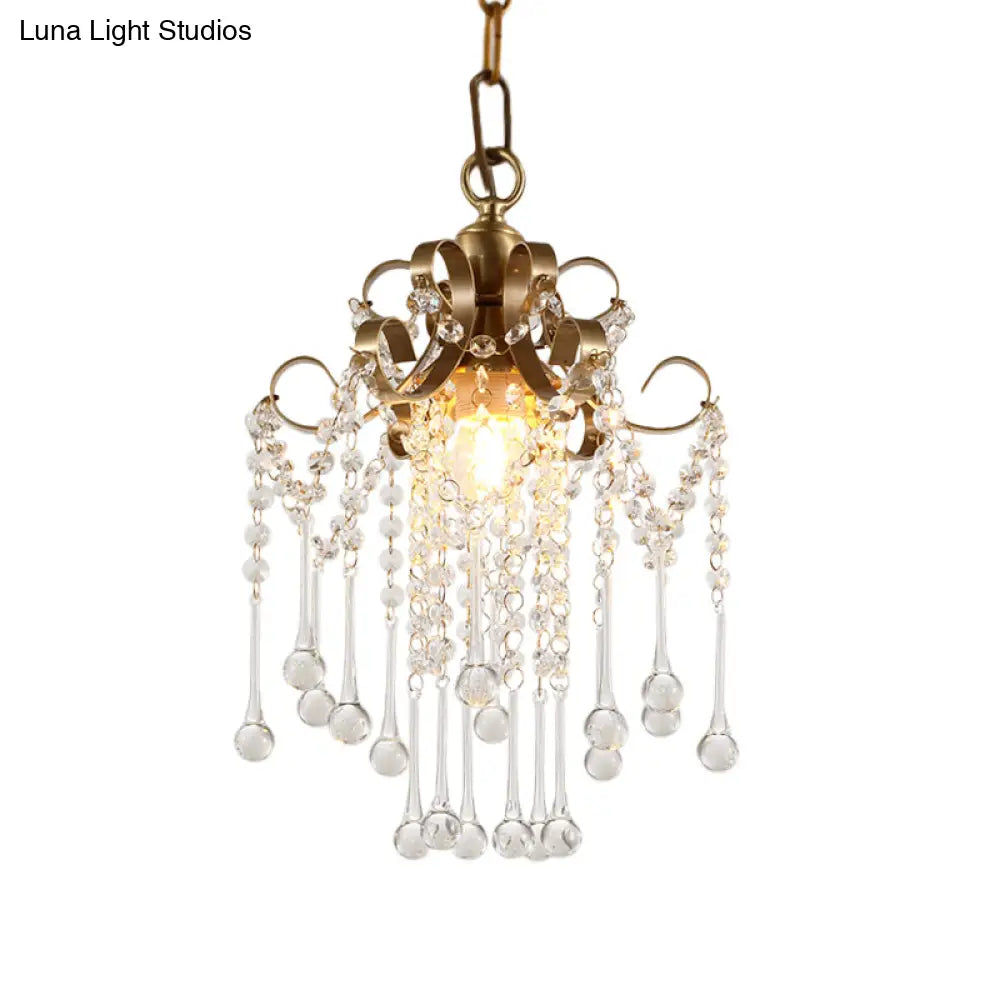 Modern Crystal Beads Pendant Ceiling Lamp - Gold Curved Design 1 Bulb Suspension For Bedchamber