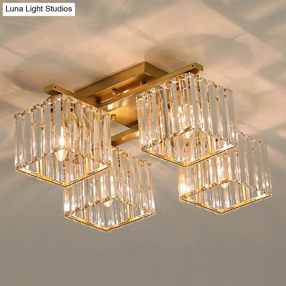 Modern Crystal Bedroom Ceiling Light Fixture - Cubic Semi Flush Mount 4 / Gold