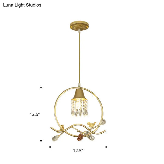 Modern Gold Bird And Flower Crystal Suspension Light With 1 Bulb