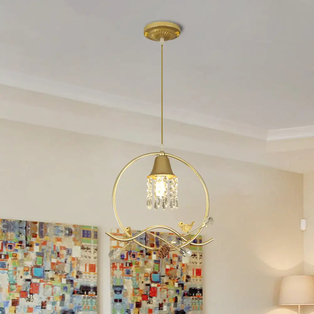 Modern Crystal Bird/Flower Sleep Room Suspension Light With Gold Hanging Lamp Kit - 1 Bulb / Bird