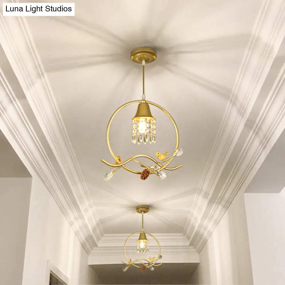 Modern Crystal Bird/Flower Sleep Room Suspension Light With Gold Hanging Lamp Kit - 1 Bulb