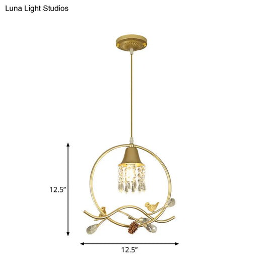 Modern Crystal Bird/Flower Sleep Room Suspension Light With Gold Hanging Lamp Kit - 1 Bulb