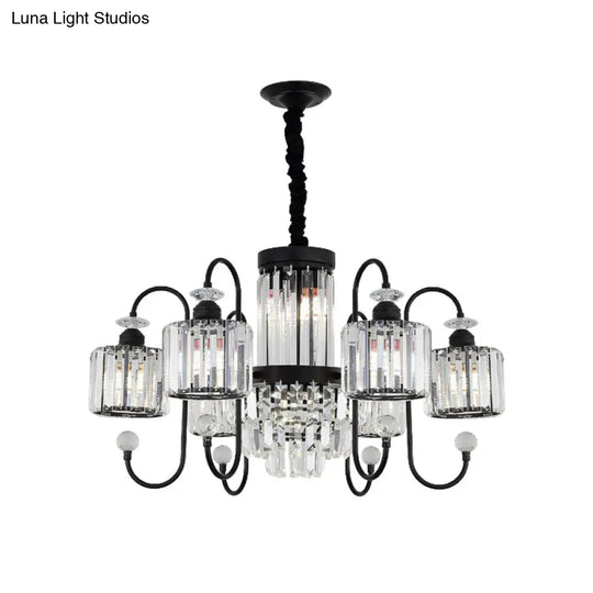 Modern Black Crystal Chandelier - 5/8 Cylindrical Heads With Gooseneck Arm