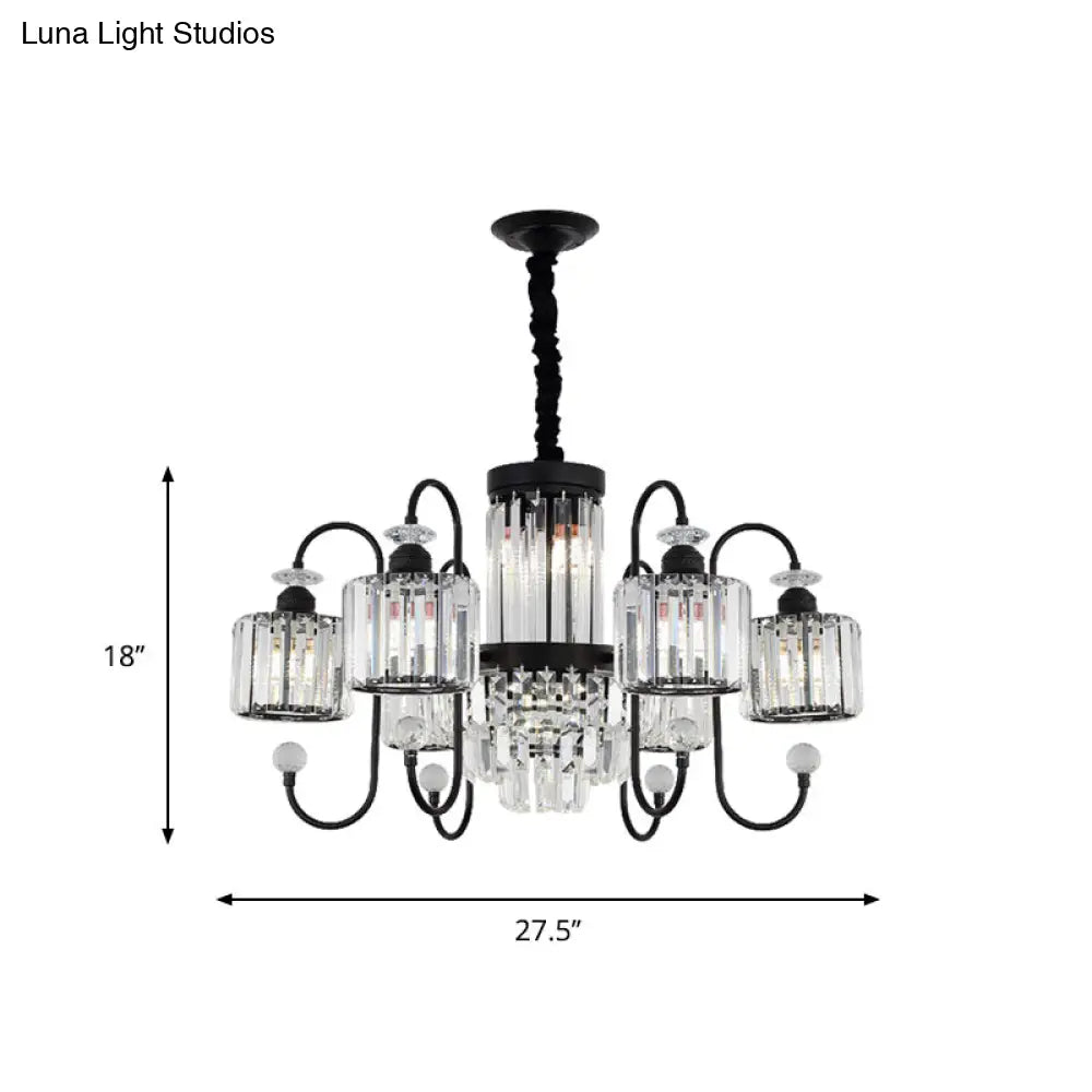 Modern Black Crystal Chandelier - 5/8 Cylindrical Heads With Gooseneck Arm